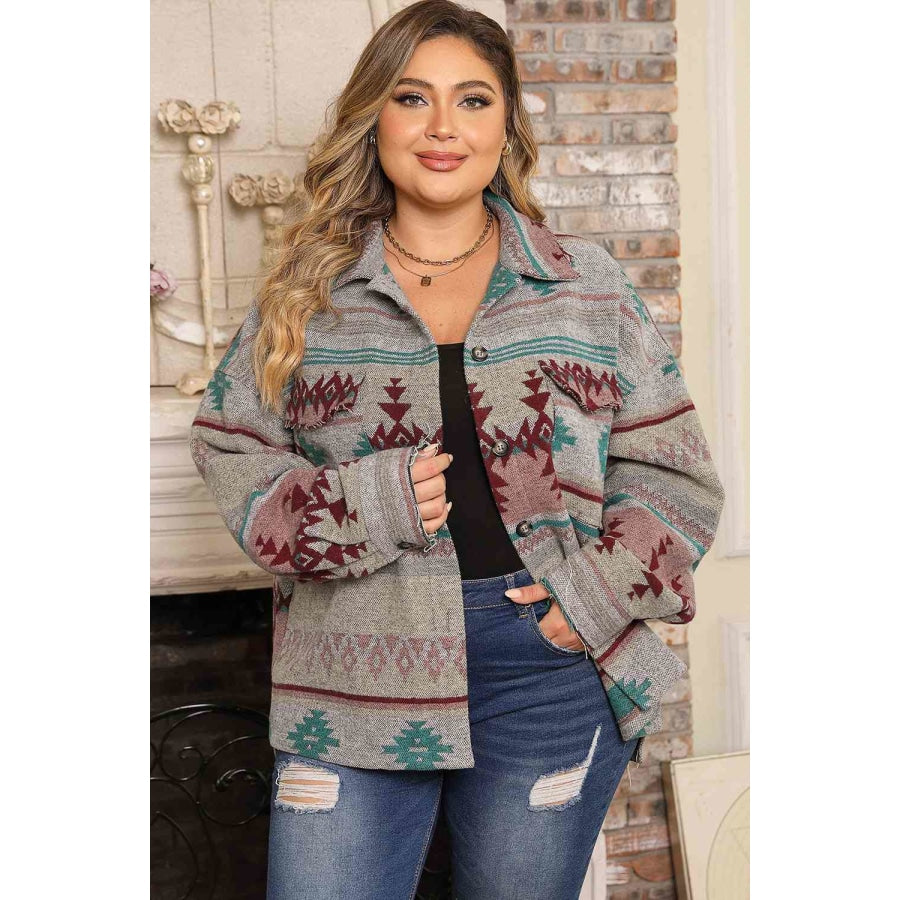 Plus Size Geometric Slit Button Up Jacket