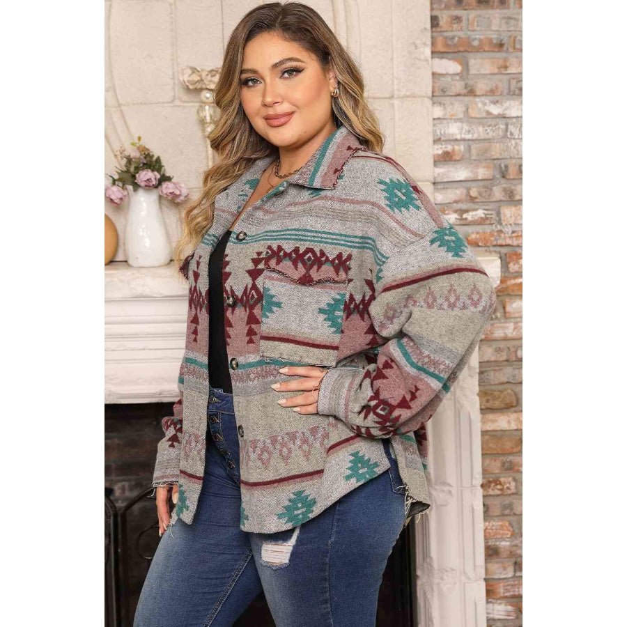 Plus Size Geometric Slit Button Up Jacket