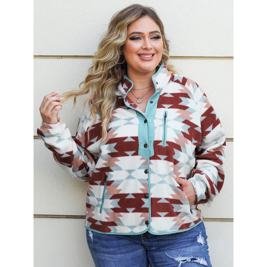 Plus Size Geometric Snap Down Long Sleeve Jacket