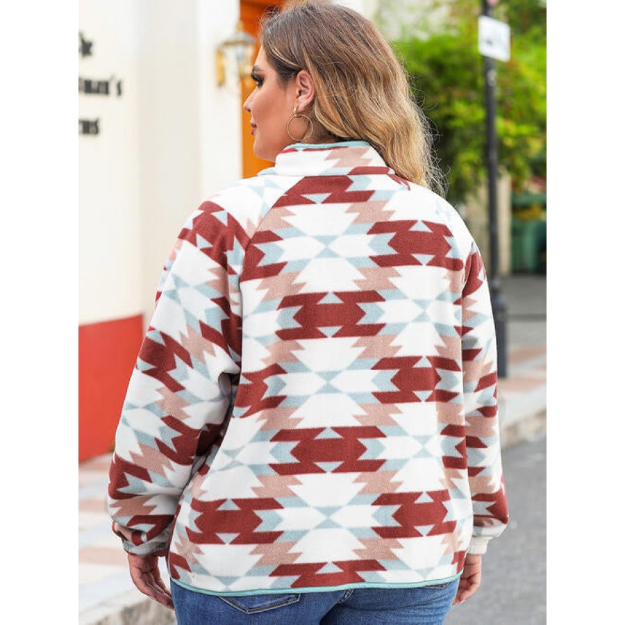 Plus Size Geometric Snap Down Long Sleeve Jacket