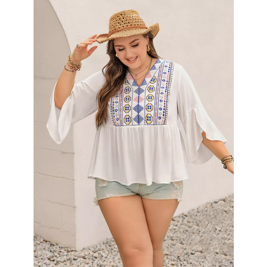 Plus Size Geometric V-Neck Flare Sleeve Blouse Apparel and Accessories
