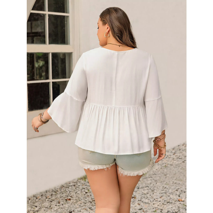 Plus Size Geometric V-Neck Flare Sleeve Blouse Apparel and Accessories