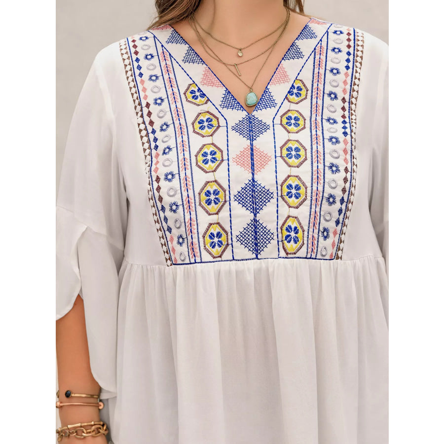 Plus Size Geometric V-Neck Flare Sleeve Blouse Apparel and Accessories