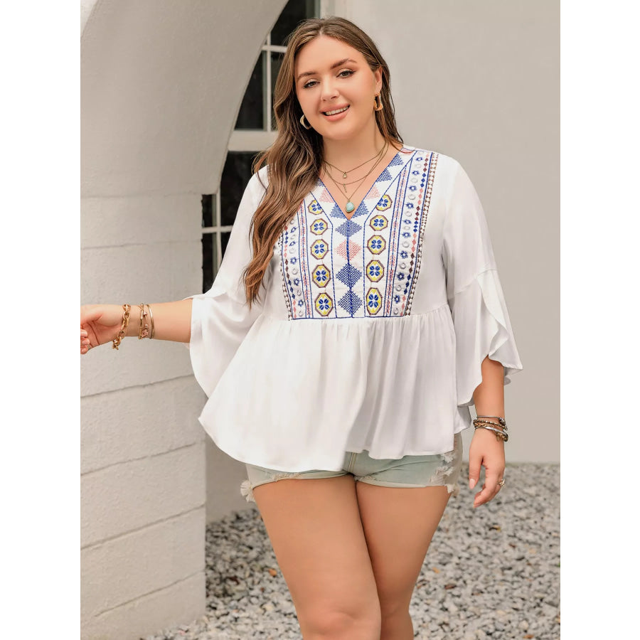 Plus Size Geometric V-Neck Flare Sleeve Blouse Apparel and Accessories