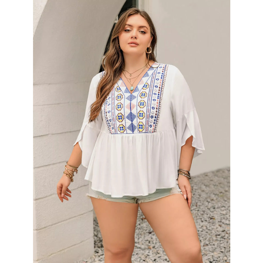 Plus Size Geometric V-Neck Flare Sleeve Blouse Apparel and Accessories