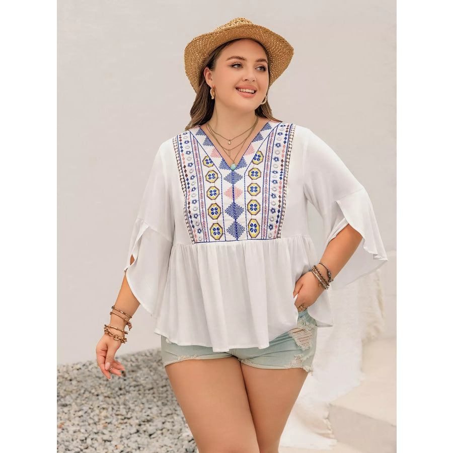 Plus Size Geometric V-Neck Flare Sleeve Blouse White / 0XL Apparel and Accessories