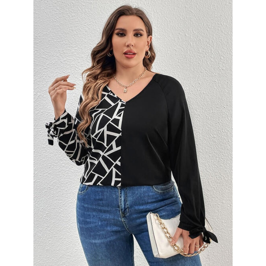 Plus Size Geometric V-Neck Long Sleeve T-Shirt Black / 1XL