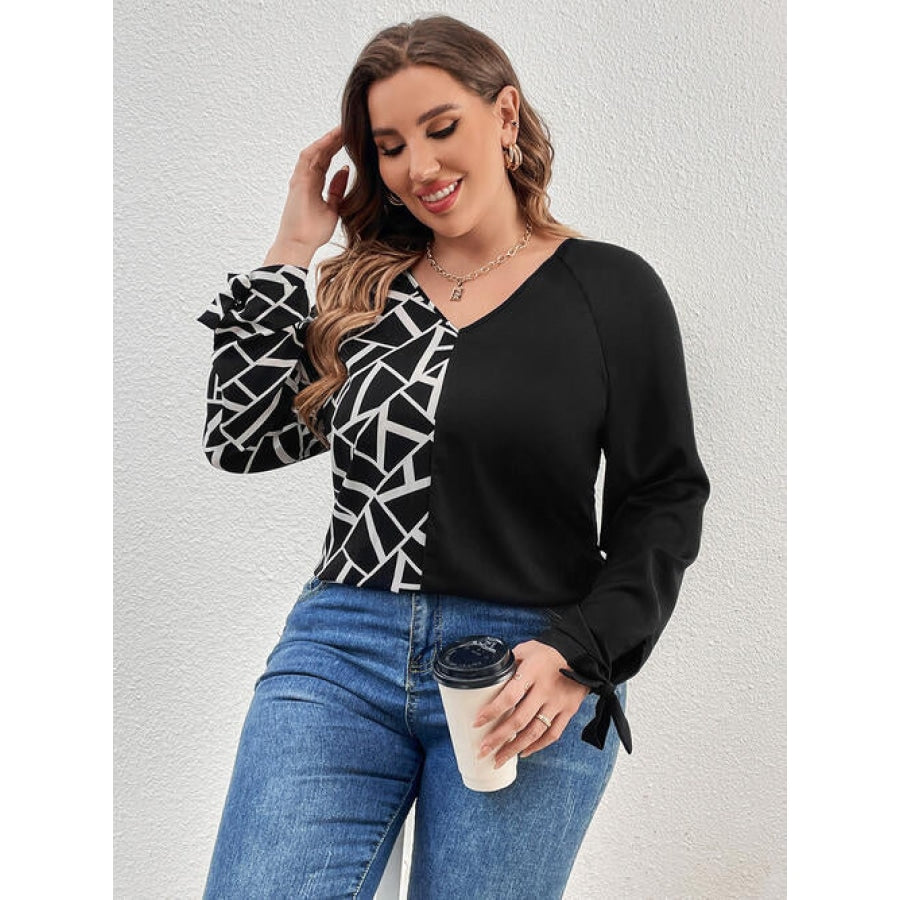 Plus Size Geometric V-Neck Long Sleeve T-Shirt