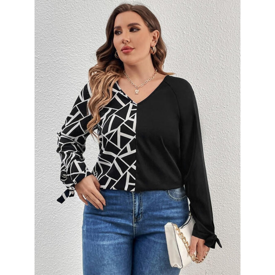 Plus Size Geometric V-Neck Long Sleeve T-Shirt