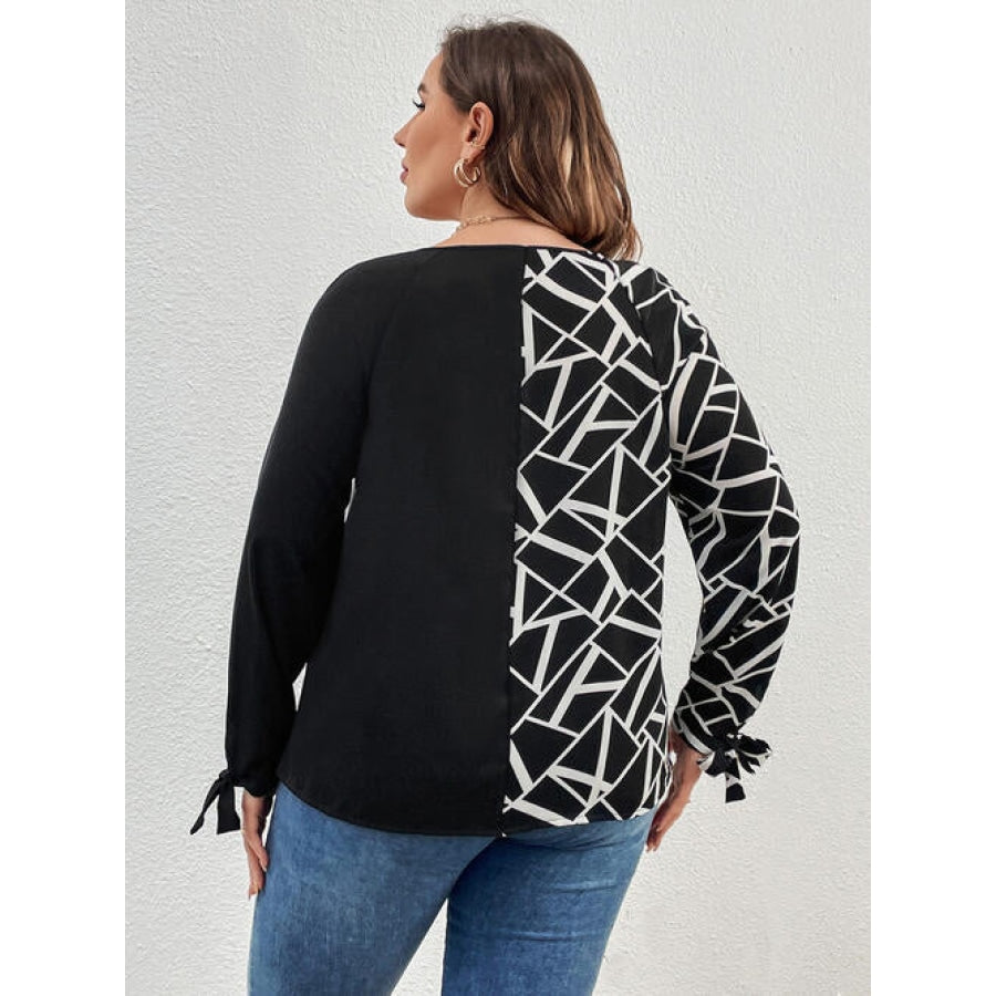 Plus Size Geometric V-Neck Long Sleeve T-Shirt