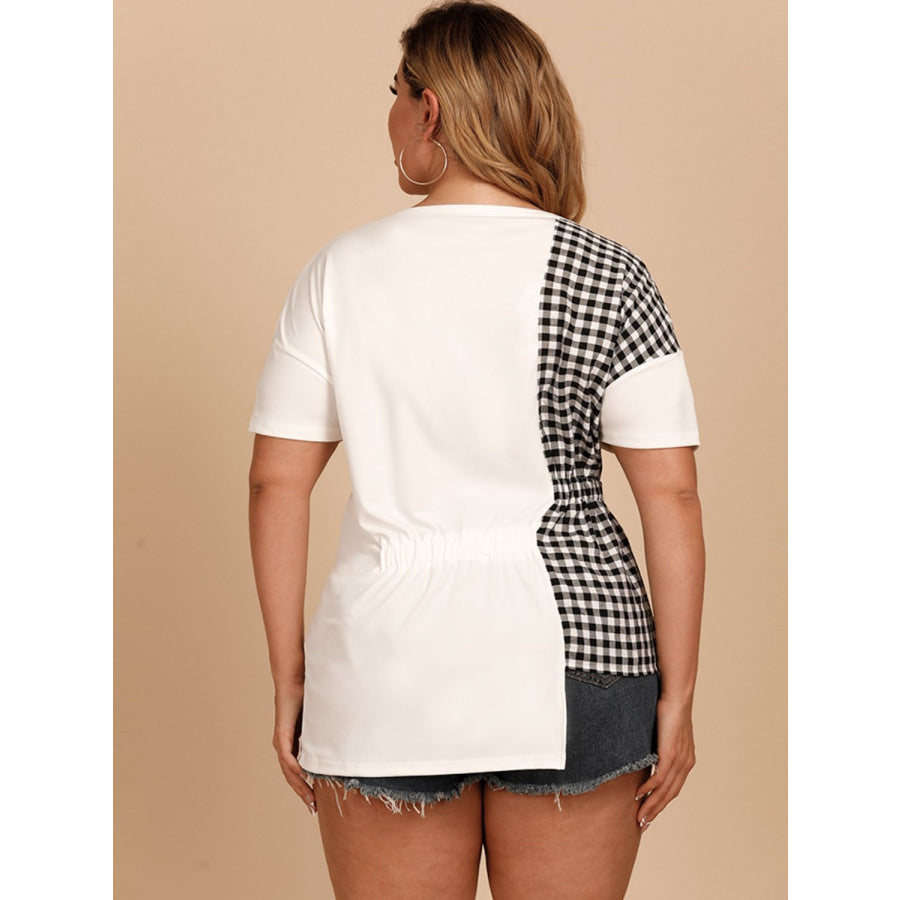 Plus Size Gingham Color Block Asymmetrical T-Shirt White / XL