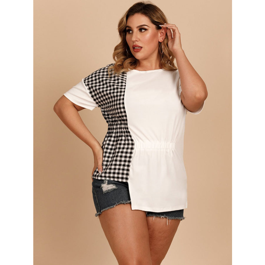Plus Size Gingham Color Block Asymmetrical T-Shirt White / XL