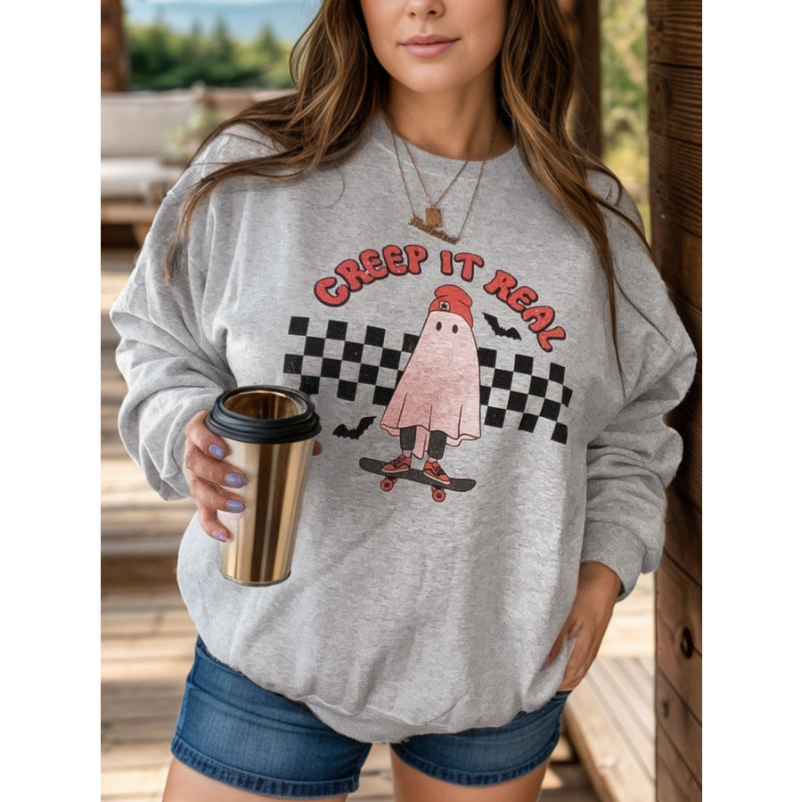 Plus Size Graphic Round Neck Long Sleeve Sweatshirt Gray / 1XL Apparel and Accessories