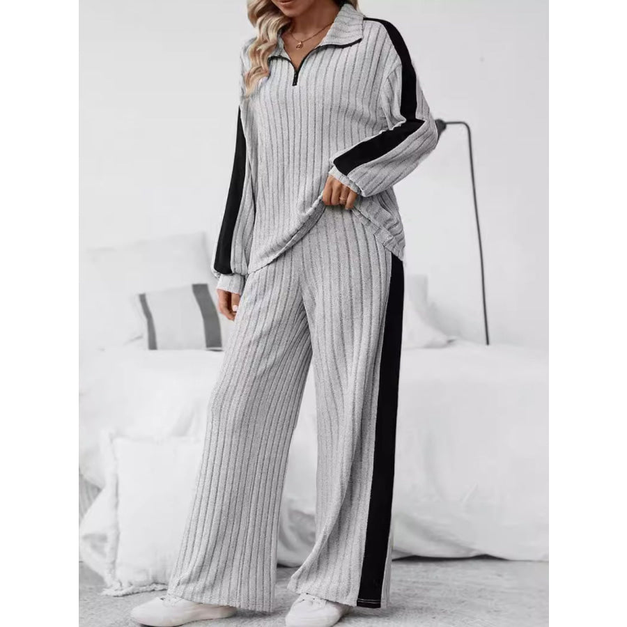 Plus Size Half Zip Long Sleeve Top and Pants Set Apparel and Accessories