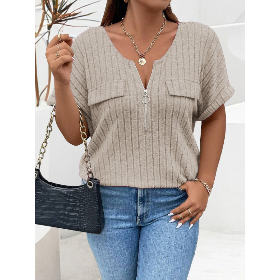 Plus Size Half Zip Short Sleeve T-Shirt Apparel and Accessories