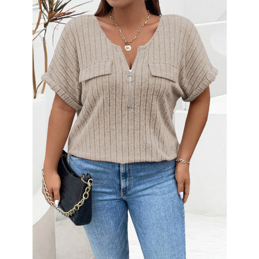 Plus Size Half Zip Short Sleeve T-Shirt Apparel and Accessories