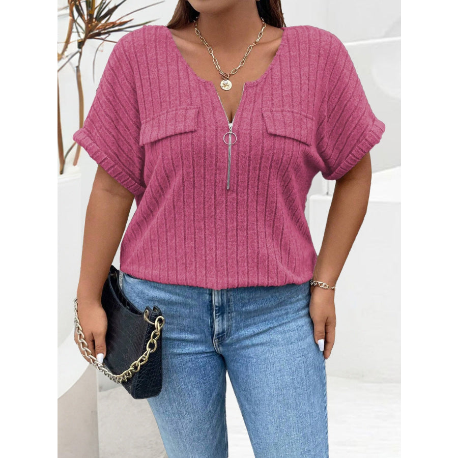 Plus Size Half Zip Short Sleeve T-Shirt Apparel and Accessories