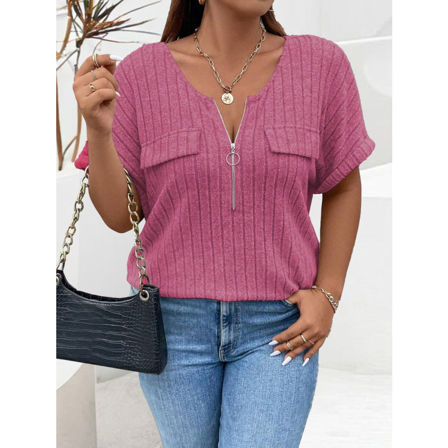 Plus Size Half Zip Short Sleeve T-Shirt Apparel and Accessories