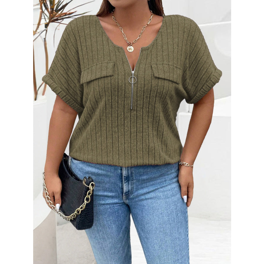 Plus Size Half Zip Short Sleeve T-Shirt Apparel and Accessories