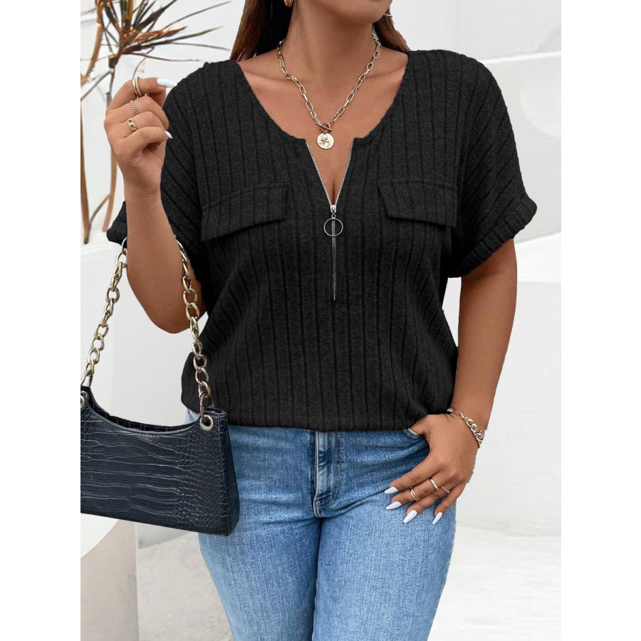 Plus Size Half Zip Short Sleeve T-Shirt Apparel and Accessories