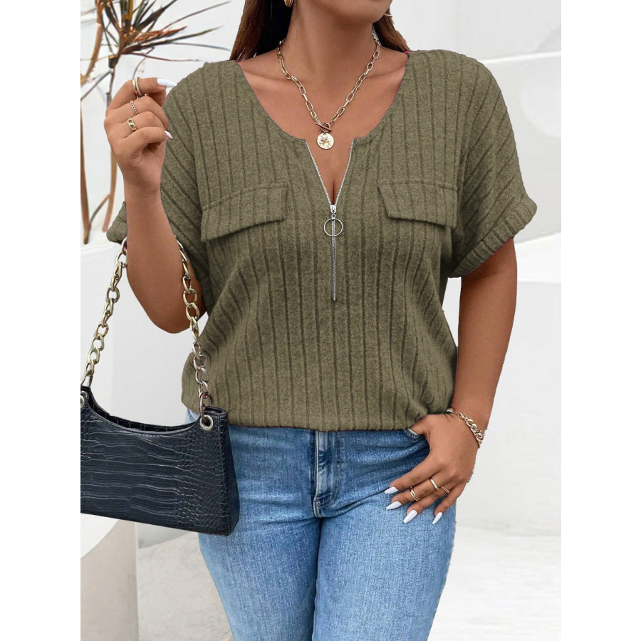 Plus Size Half Zip Short Sleeve T-Shirt Apparel and Accessories