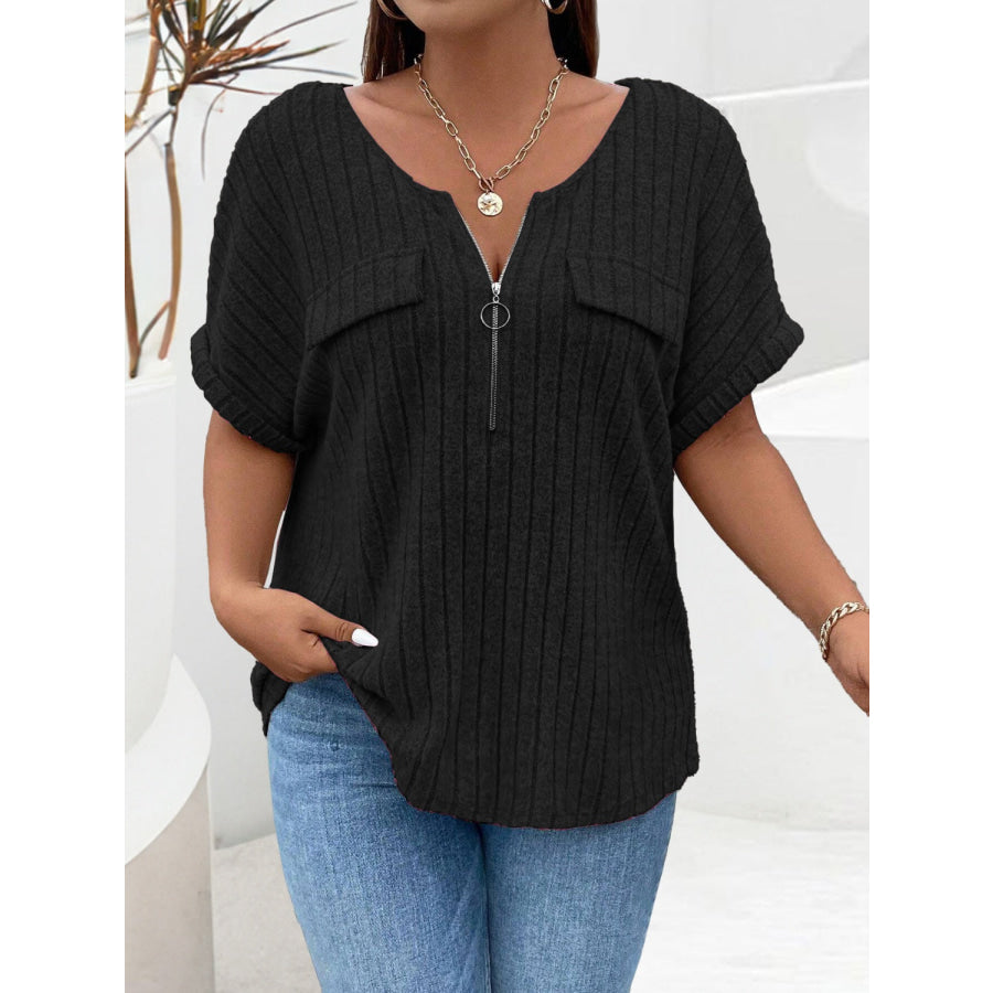 Plus Size Half Zip Short Sleeve T-Shirt Black / 1XL Apparel and Accessories