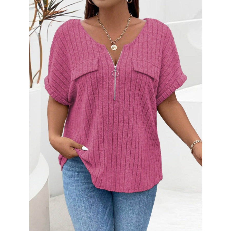 Plus Size Half Zip Short Sleeve T-Shirt Cerise / 1XL Apparel and Accessories