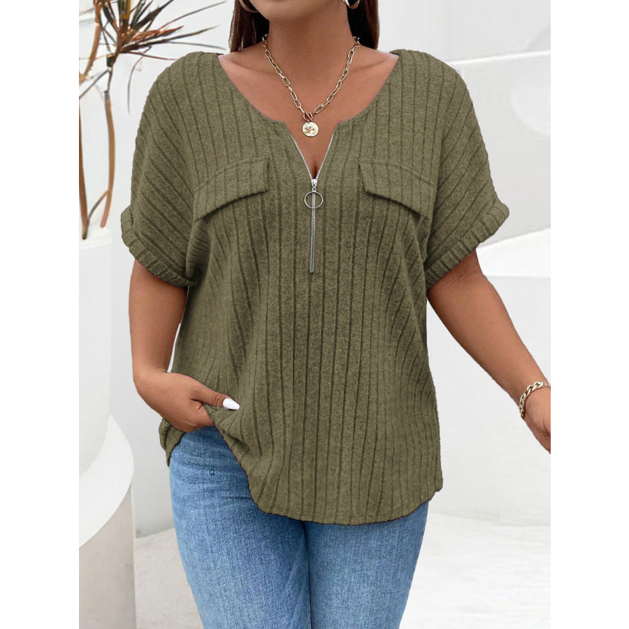 Plus Size Half Zip Short Sleeve T-Shirt Moss / 1XL Apparel and Accessories