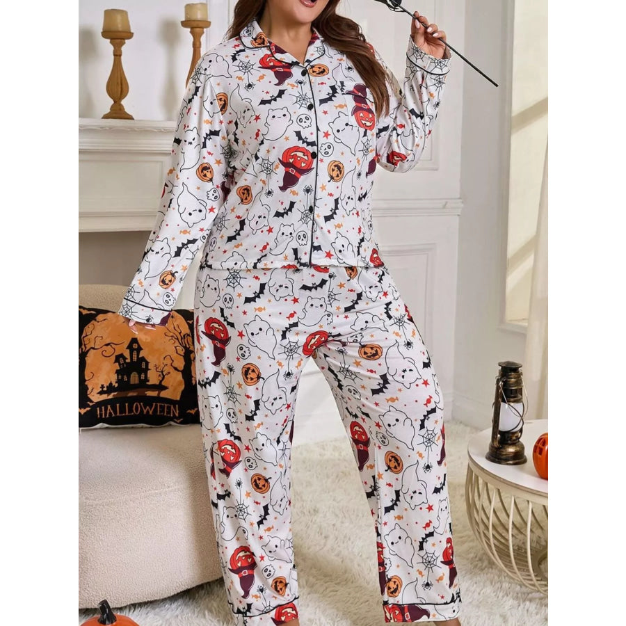 Plus Size Halloween Ghost and Pumpkin Print Top Pants Lounge Set White / XL Apparel Accessories