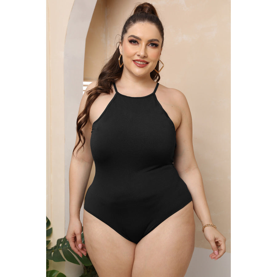 Plus Size Halter Neck Spaghetti Strap Bodysuit Black / L Apparel and Accessories