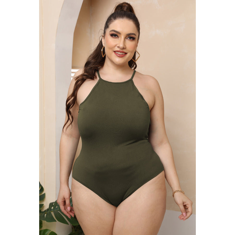 Plus Size Halter Neck Spaghetti Strap Bodysuit Moss / L Apparel and Accessories