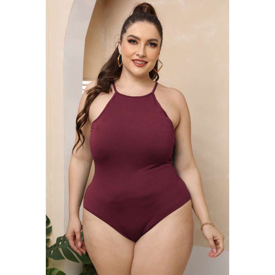 Plus Size Halter Neck Spaghetti Strap Bodysuit Wine / L Apparel and Accessories