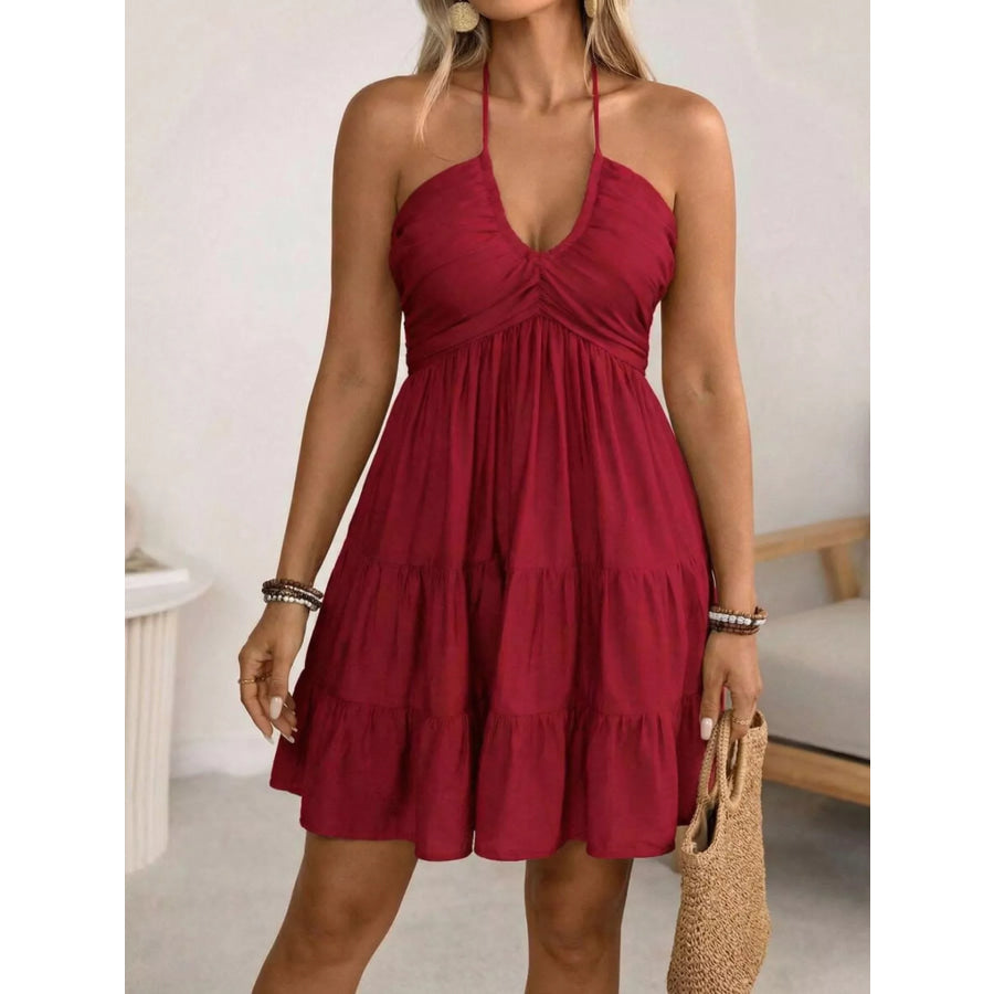 Plus Size Halter Neck Tiered Ruffle Hem Mini Dress Apparel and Accessories