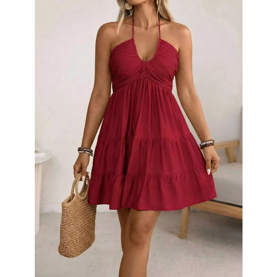 Plus Size Halter Neck Tiered Ruffle Hem Mini Dress Rust / 0XL Apparel and Accessories
