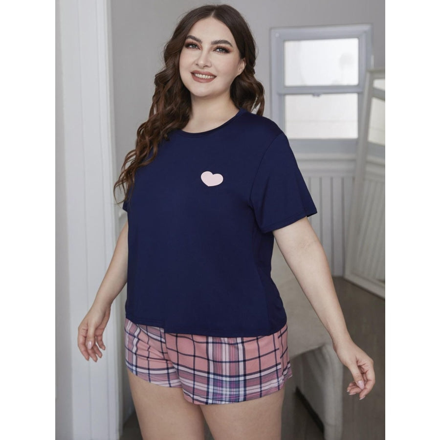 Plus Size Heart Graphic Top and Plaid Shorts Loungewear Set Navy/Pink / 1XL