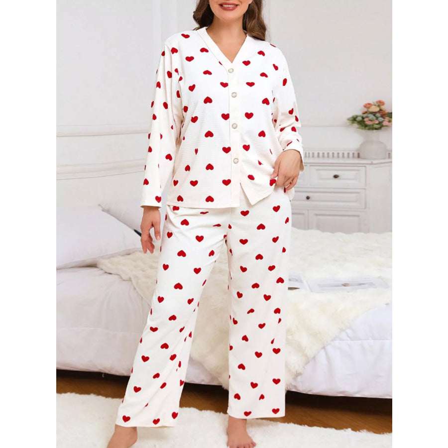 Plus Size Heart Print Button-Down Top and Pants Set Apparel Accessories