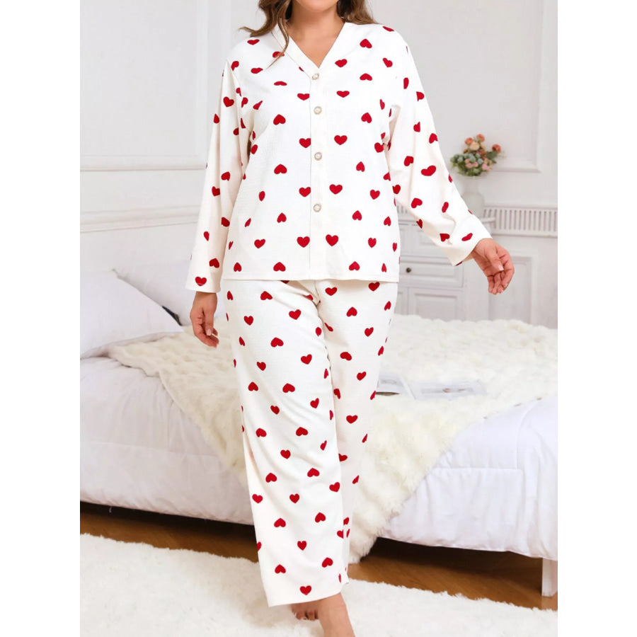 Plus Size Heart Print Button-Down Top and Pants Set Red / XL Apparel Accessories