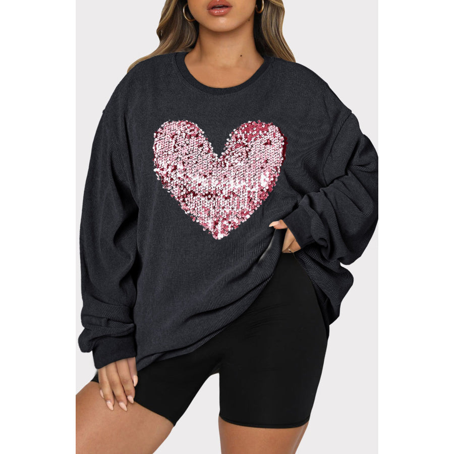 Plus Size Heart Sequin Round Neck Sweatshirt Black / 1XL Apparel and Accessories