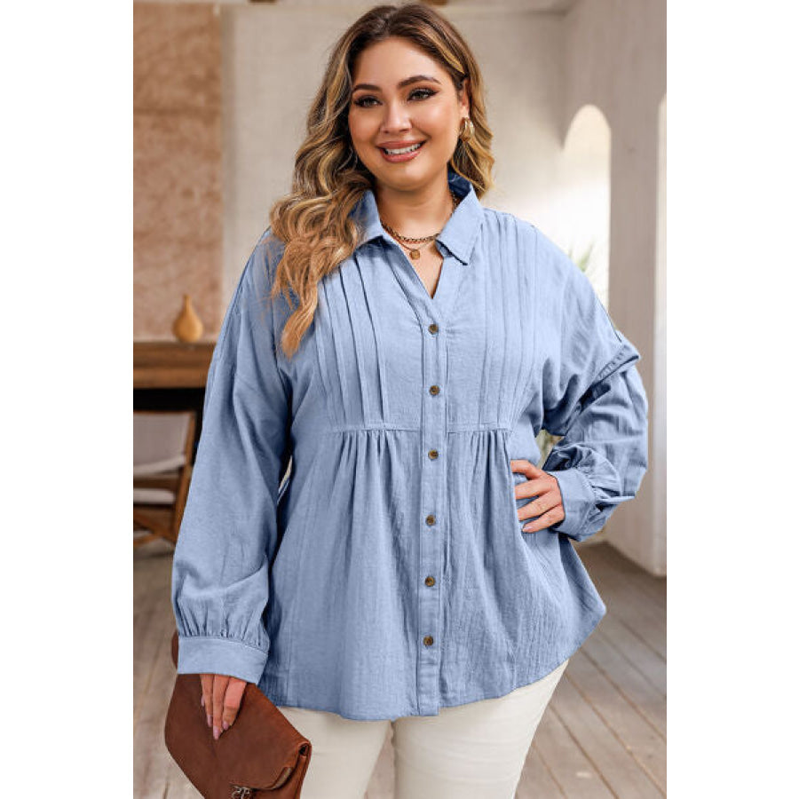 Plus Size High - Low Button Up Dropped Shoulder Shirt Misty Blue / 1XL Apparel and Accessories