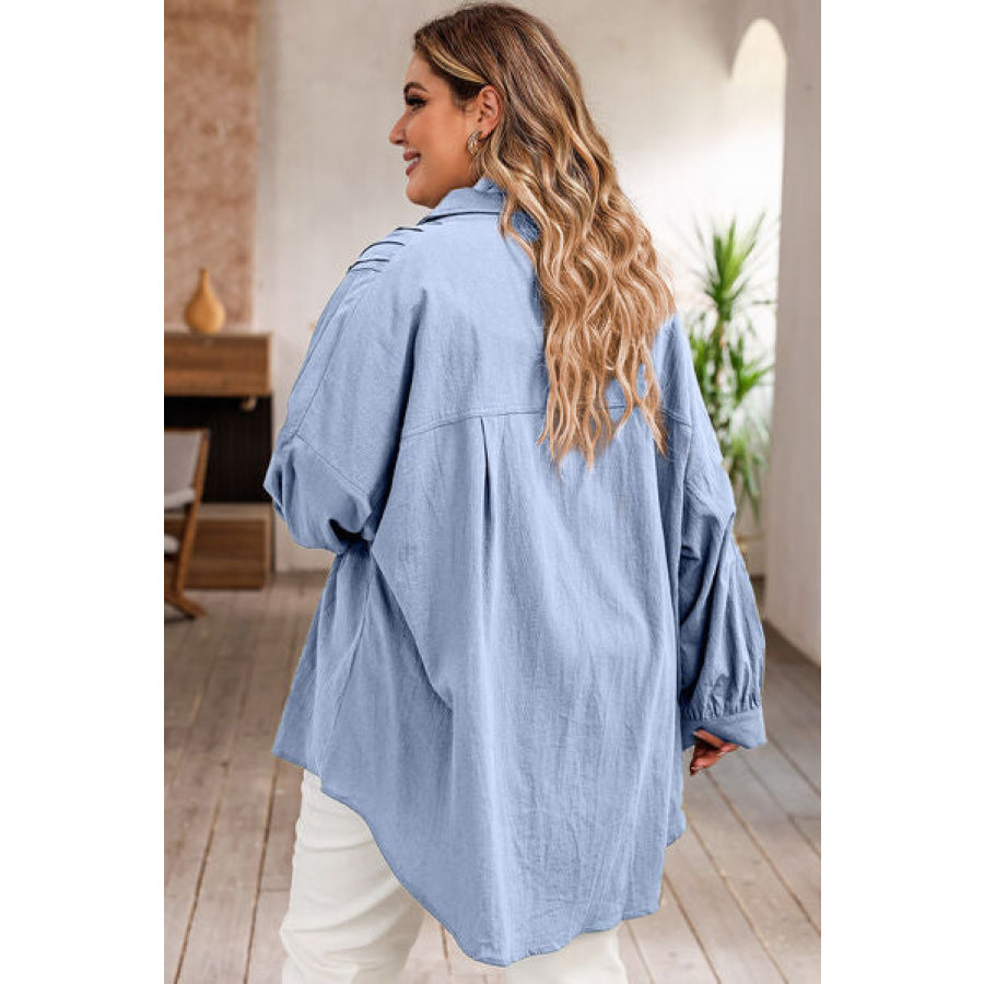 Plus Size High - Low Button Up Dropped Shoulder Shirt Apparel and Accessories