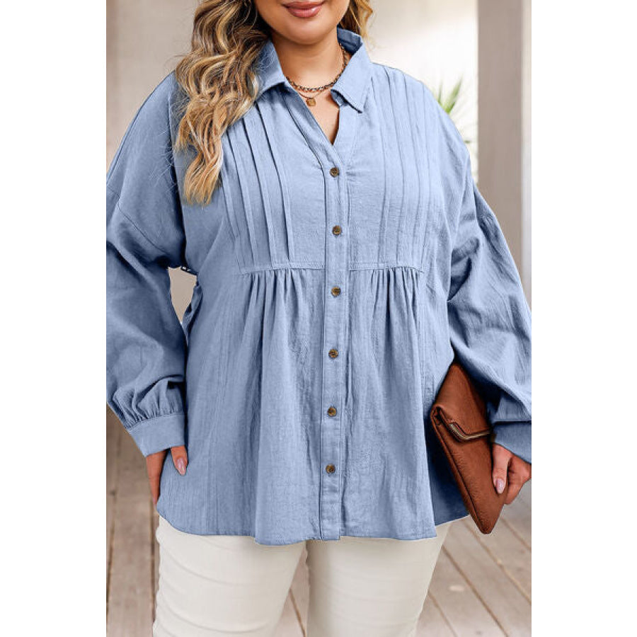 Plus Size High - Low Button Up Dropped Shoulder Shirt Misty Blue / 1XL Apparel and Accessories