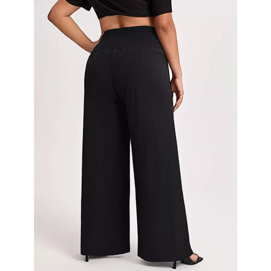 Plus Size High Waist Wide Leg Smocked Waist Pants Apparel and Accessories