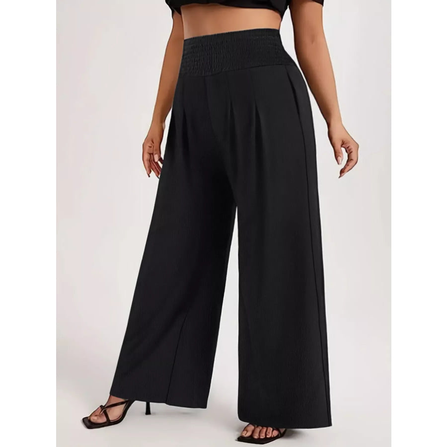 Plus Size High Waist Wide Leg Smocked Waist Pants Black / 1XL Apparel and Accessories
