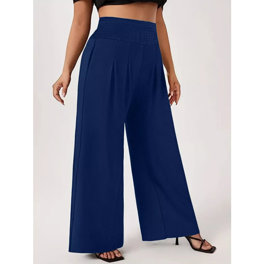 Plus Size High Waist Wide Leg Smocked Waist Pants Navy / 1XL Apparel and Accessories