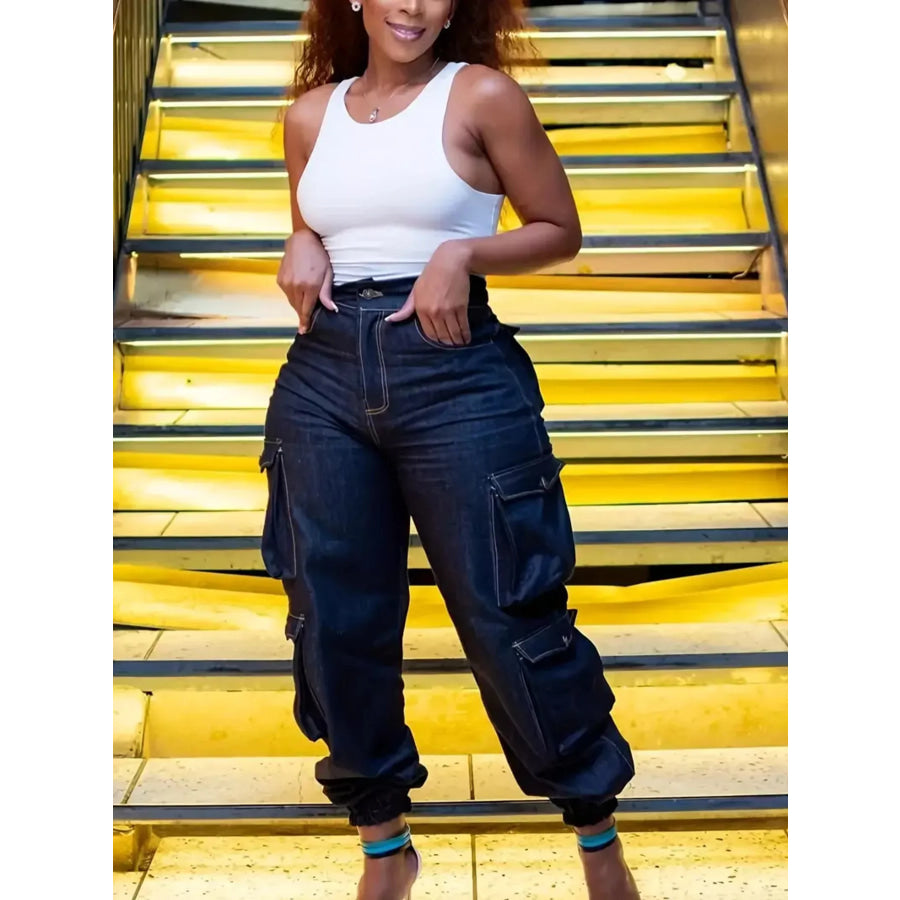 Plus Size High-Waisted Cargo Jeans Blue / L Apparel and Accessories