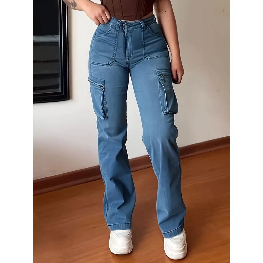 Plus Size High-Waisted Cargo Jeans Sky Blue / 0XL Apparel and Accessories
