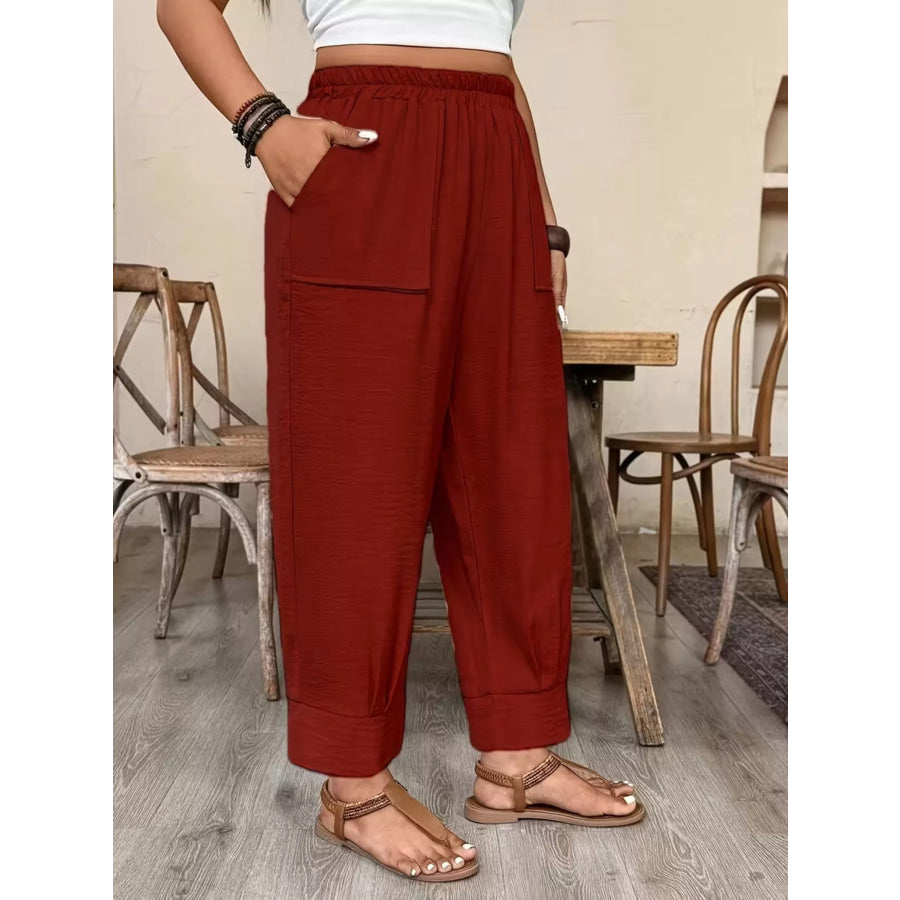 Plus Size High-Waisted Elastic Waist Pants with Pockets Apparel and Accessories