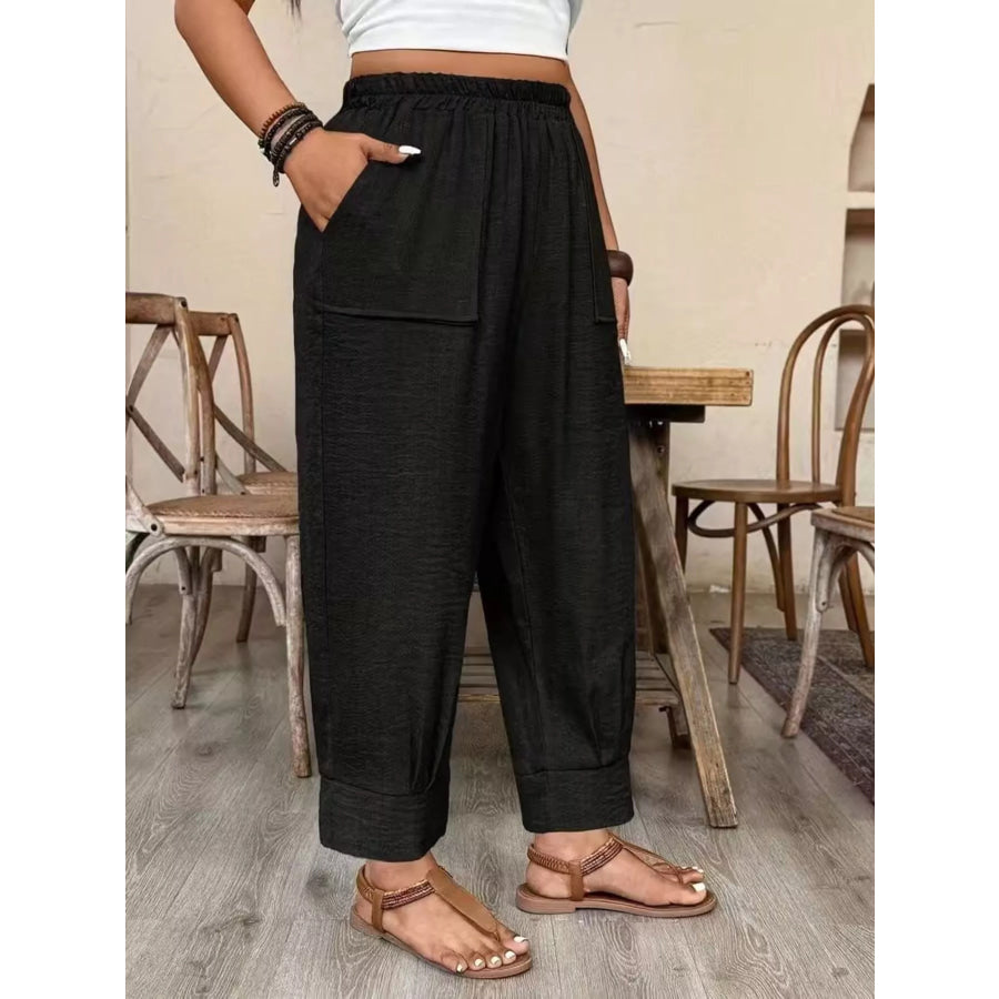 Plus Size High-Waisted Elastic Waist Pants with Pockets Apparel and Accessories