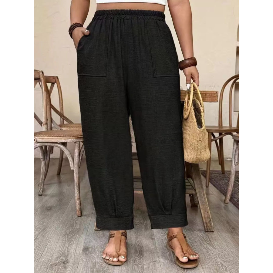 Plus Size High-Waisted Elastic Waist Pants with Pockets Apparel and Accessories