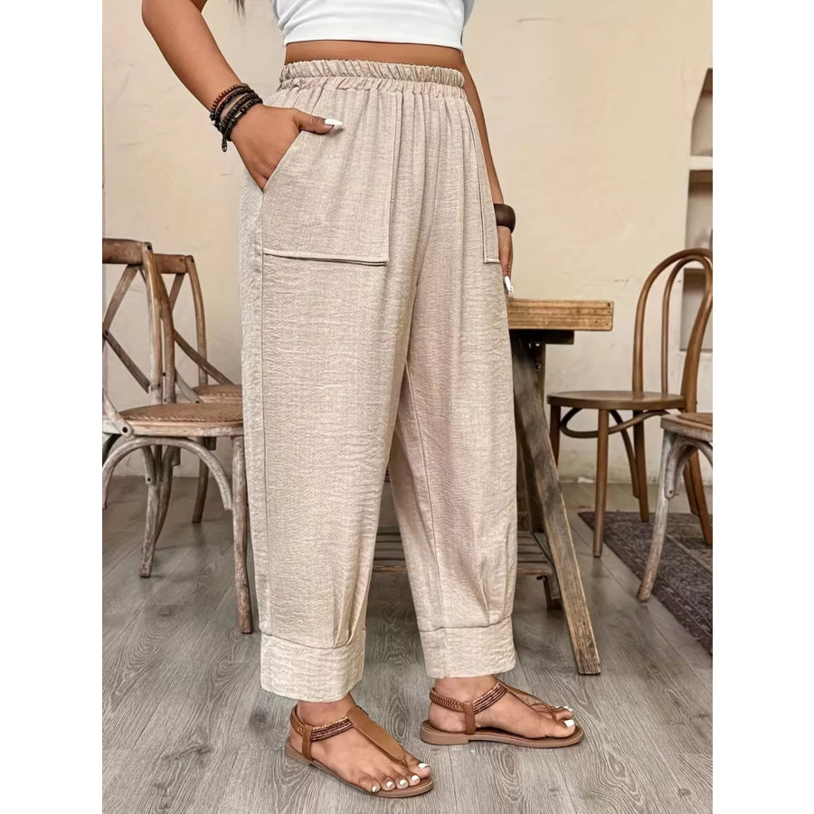 Plus Size High-Waisted Elastic Waist Pants with Pockets Apparel and Accessories